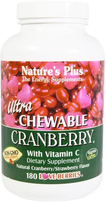 Natures Plus, Ultra Chewable Cranberry with Vitamin C, Natural Cranberry/Strawberry Flavor, 180 Love-Berries ,الأعشاب، التوت البري