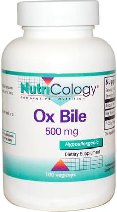 Nutricology, Ox Bile, 500 mg, 100 Vegicaps ,المكملات الغذائية، منتجات الأبقار، الإنزيمات، حمض الصفراء