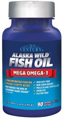 21st Century, Alaska Wild Fish Oil, 90 Enteric Coated Softgels ,المكملات الغذائية، إيفا أوميجا 3 6 9 (إيبا دا)، زيت السمك، سوفتغيلس زيت السمك