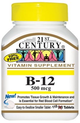 21st Century, B-12, 500 mcg, 110 Tablets ,الفيتامينات، فيتامين ب، فيتامين ب 12