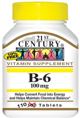 21st Century, B-6, 100 mg, 110 Tablets ,الفيتامينات، فيتامين ب، فيتامين b6 - البيريدوكسين