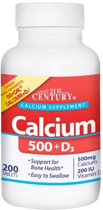 21st Century, Calcium 500 + D3, 200 Tablets ,والملاحق، والمعادن، والكالسيوم فيتامين د
