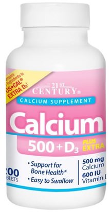 21st Century, Calcium 500 + D3 Plus Extra D3, 200 Tablets ,والملاحق، والمعادن، والكالسيوم فيتامين د