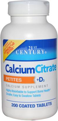 21st Century, CalciumCitrate Petites + D3, 200 Coated Tablets ,المكملات الغذائية، المعادن، سيترات الكالسيوم