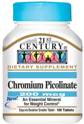 21st Century, Chromium Picolinate, 200 mcg, 100 Tablets ,المكملات الغذائية، المعادن، بيكولينات الكروم