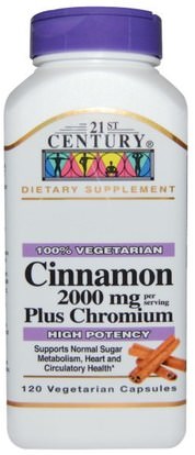 21st Century, Cinnamon Plus Chromium, 2000 mg, 120 Veggie Caps ,الأعشاب، القرفة استخراج