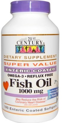 21st Century, Fish Oil, 1000 mg, 180 Enteric Coated Softgels ,المكملات الغذائية، إيفا أوميجا 3 6 9 (إيبا دا)، زيت السمك، سوفتغيلس زيت السمك