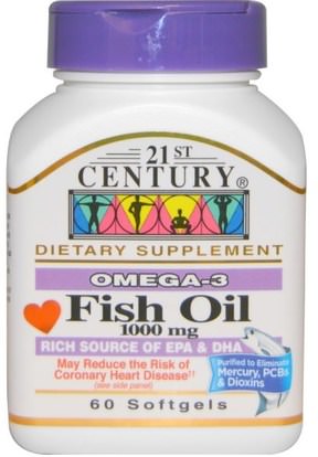 21st Century, Fish Oil, 1000 mg, 60 Softgels ,المكملات الغذائية، إيفا أوميجا 3 6 9 (إيبا دا)، زيت السمك، سوفتغيلس زيت السمك