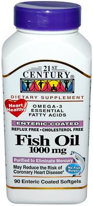 21st Century, Fish Oil, 1000 mg, 90 Enteric Coated Softgels ,المكملات الغذائية، إيفا أوميجا 3 6 9 (إيبا دا)، زيت السمك، سوفتغيلس زيت السمك