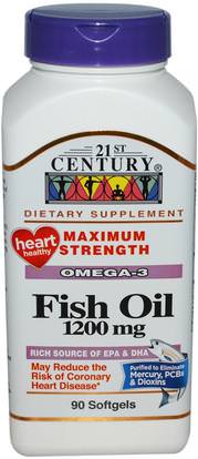 21st Century, Fish Oil, Maximum Strength, 1200 mg, 90 Softgels ,المكملات الغذائية، إيفا أوميجا 3 6 9 (إيبا دا)، زيت السمك، سوفتغيلس زيت السمك