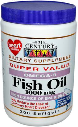 21st Century, Fish Oil, Omega-3, 1000 mg, 300 Softgels ,المكملات الغذائية، إيفا أوميجا 3 6 9 (إيبا دا)، زيت السمك، سوفتغيلس زيت السمك