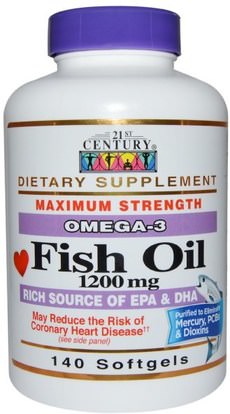 21st Century, Fish Oil, Omega-3, Maximum Strength, 1200 mg, 140 Softgels ,المكملات الغذائية، إيفا أوميجا 3 6 9 (إيبا دا)، زيت السمك، سوفتغيلس زيت السمك