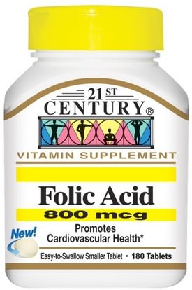 21st Century, Folic Acid, 800 mcg, 180 Tablets ,الفيتامينات، حمض الفوليك