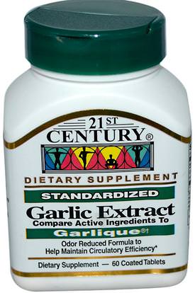 21st Century, Garlic Extract, Standardized, 60 Coated Tablets ,المكملات الغذائية، المضادات الحيوية، الثوم