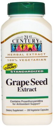 21st Century, Grape Seed Extract, 200 Veggie Caps ,المكملات الغذائية، مضادات الأكسدة، استخراج بذور العنب