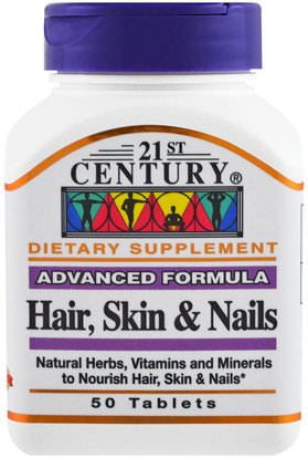 21st Century, Hair, Skin & Nails, Advanced Formula, 50 Tablets ,الصحة، المرأة، مكملات الشعر، مكملات الأظافر، ملاحق الجلد، حمام، الجمال، ترقق الشعر ونمو