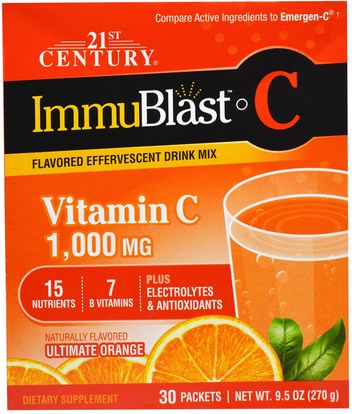 21st Century, ImmuBlast-C, Effervescent Drink Mix, Ultimate Orange, 1,000 mg, 30 Packets.317 oz (9 g) Each ,الفيتامينات، فيتامين ج، الانفلونزا الباردة والفيروسية، جهاز المناعة