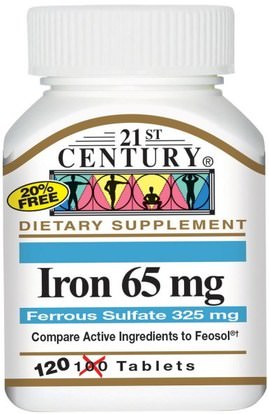 21st Century, Iron, 65 mg, 120 Tablets ,المكملات الغذائية، والمعادن، والحديد