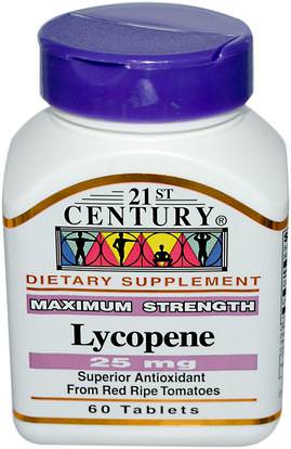 21st Century, Lycopene, Maximum Strength, 25 mg, 60 Tablets ,المكملات الغذائية، مضادات الأكسدة، الليكوبين