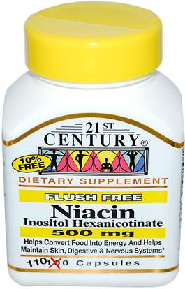 21st Century, Niacin Inositol Hexanicotinate, 500 mg, 110 Capsules ,الفيتامينات، فيتامين ب، فيتامين b3، النياسين دافق مجانا