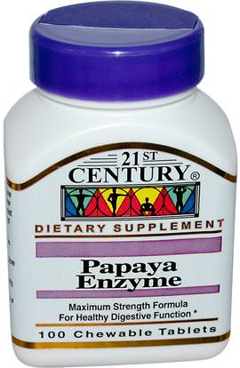 21st Century, Papaya Enzyme, 100 Chewable Tablets ,المكملات الغذائية، والانزيمات، البابايا غراء