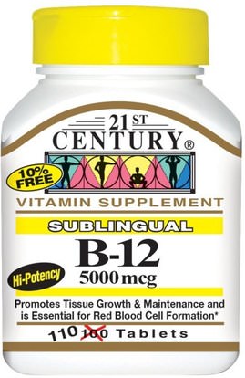 21st Century, Sublingual B-12, 5000 mcg, 110 Tablets ,الفيتامينات، فيتامين ب، فيتامين ب 12