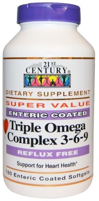 21st Century, Triple Omega Complex 3-6-9, 180 Enteric Coated Softgels ,المكملات الغذائية، إيفا أوميجا 3 6 9 (إيبا دا)، زيت السمك، سوفتغيلس زيت السمك
