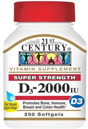 21st Century, Vitamin D3, 2000 IU, 250 Liquid Softgels ,الفيتامينات، فيتامين d3