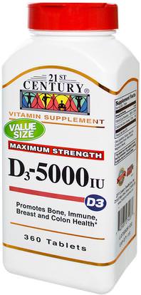 21st Century, Vitamin D3, 5000 IU, 360 Tablets ,الفيتامينات، فيتامين d3