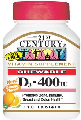 21st Century, Vitamin D3, Chewable, Orange Flavor, 400 IU, 110 Tablets ,الفيتامينات، فيتامين d3