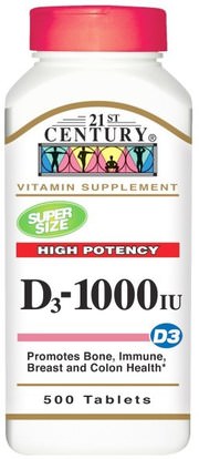 21st Century, Vitamin D3 High Potency, 1000 IU, 500 Tablets ,الفيتامينات، فيتامين d3