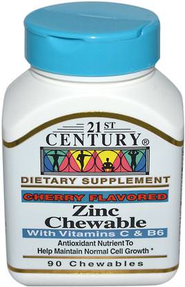 21st Century, Zinc Chewable, Cherry Flavored, 90 Chewables ,المكملات الغذائية، المعادن، الزنك