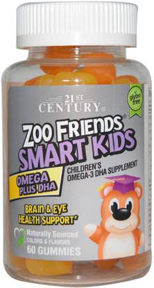 21st Century, Zoo Friends Smart Kids Omega Plus DHA, 60 Gummies ,المكملات الغذائية، إيفا أوميجا 3 6 9 (إيبا دا)، أوميغا 369 غوميز، صحة الأطفال، أطفال غوميز