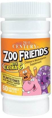 21st Century, Zoo Friends with Extra C, 60 Chewable Tablets ,الفيتامينات، الفيتامينات المتعددة، الأطفال الفيتامينات