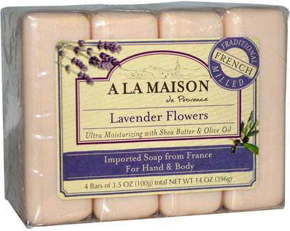 A La Maison de Provence, Hand & Body Bar Soap, Lavender Flowers, 4 Bars, 3.5 oz (100 g) Each ,حمام، الجمال، الصابون
