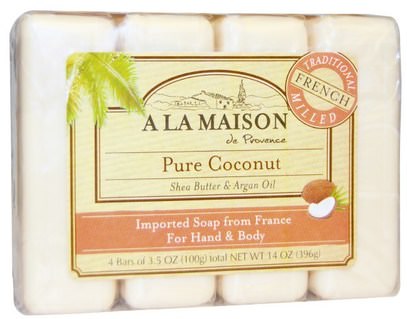 A La Maison de Provence, Hand & Body Bar Soap, Pure Coconut, 4 Bars, 3.5 oz Each ,حمام، الجمال، الصابون