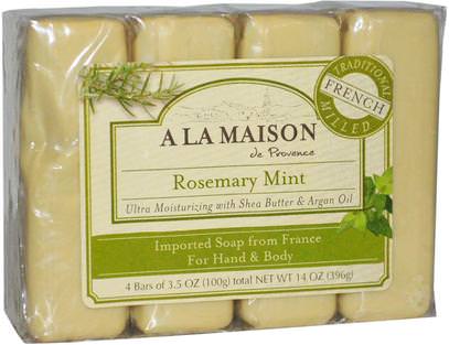 A La Maison de Provence, Hand & Body Bar Soap, Rosemary Mint, 4 Bars, 3.5 oz (100 g) Each ,حمام، الجمال، حمام أرجان، الصابون