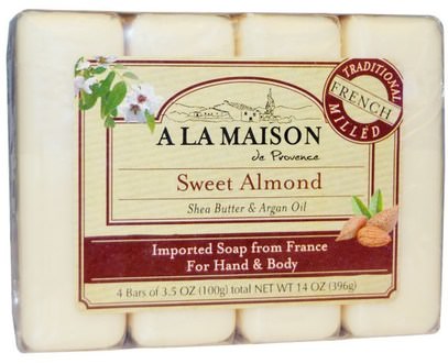 A La Maison de Provence, Hand & Body Bar Soap, Sweet Almond, 4 Bars, 3.5 oz Each ,حمام، الجمال، الصابون