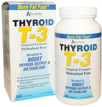 Absolute Nutrition, Thyroid T-3, Original Formula, 180 Capsules ,والصحة، والغدة الدرقية، وفقدان الوزن، والنظام الغذائي، وحرق الدهون