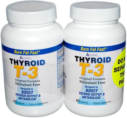 Absolute Nutrition, Thyroid T-3, Original Formula, 2 Bottles, 60 Capsules Each ,والصحة، والغدة الدرقية، وفقدان الوزن، والنظام الغذائي، وحرق الدهون