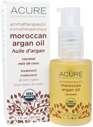 Acure Organics, Aromatherapeutic Moroccan Argan Oil, Coconut, 1 fl oz (30 ml) ,حمام، الجمال، زيت الأرغان