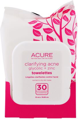 Acure Organics, Clarifying Acne Glycolic + Zinc Towelettes, 30 Towelettes ,الجمال، العناية بالوجه، مناديل الوجه