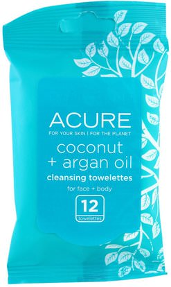 Acure Organics, Cleansing Towelettes, Coconut + Argan Oil, 12 Towelettes ,الجمال، العناية بالوجه، مناديل الوجه، منظفات الوجه
