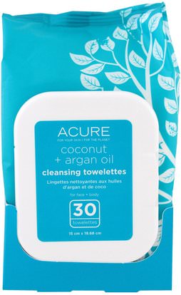 Acure Organics, Cleansing Towelettes, Coconut + Argan Oil, 30 Towelettes ,الجمال، العناية بالوجه، مناديل الوجه