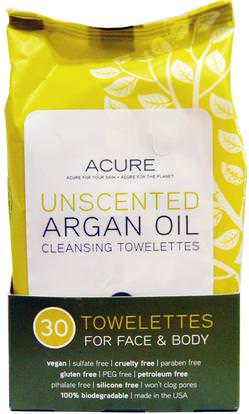 Acure Organics, Cleansing Towelettes, For Face & Body, Unscented, 30 Towelettes ,حمام، الجمال، أرجان، حمام