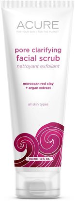 Acure Organics, Pore Clarifyng Facial Scrub, Moroccan Red Clay + Argan Extract, 4 fl oz (118 ml) ,الجمال، تقشير الوجه