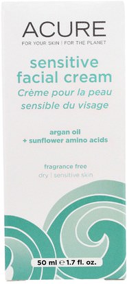 Acure Organics, Sensitive Facial Cream, Argan Oil + Sunflower Amino Acids, Fragrance Free, 1.75 fl oz (50 ml) ,والصحة، والجلد، الكريمات ليلا، والجمال، العناية بالوجه، نوع الجلد العادي لتجف الجلد