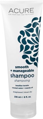 Acure Organics, Smooth + Manageable Shampoo, Brazilian Keratin Coconut Water + Marula Oil, 8 fl oz (236 ml) ,حمام، الجمال، الشامبو