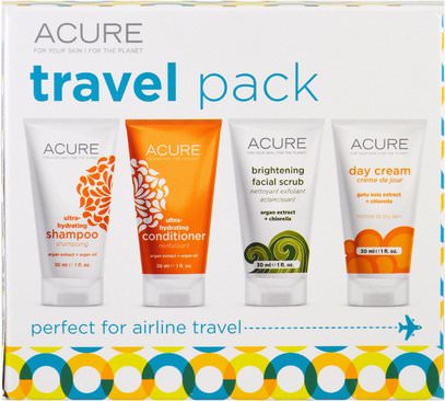 Acure Organics, Travel Pack, Shampoo, Conditioner, Brightening Facial Scrub, Day Cream, 4 Pack, 1 oz (30 ml) Each ,حمام، الجمال، الشامبو