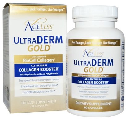 Ageless Foundation Laboratories, UltraDerm Gold, Collagen Booster, 60 Capsules ,الصحة، المرأة، هيالورونيك، جلد